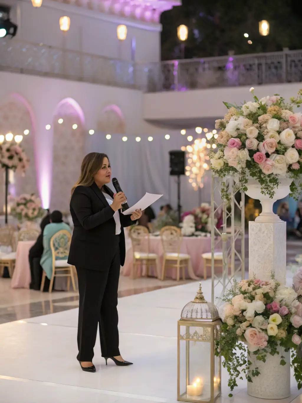A photograph of a wedding planner coordinating with vendors and overseeing setup at a wedding venue, emphasizing the seamless execution of the day-of coordination package.